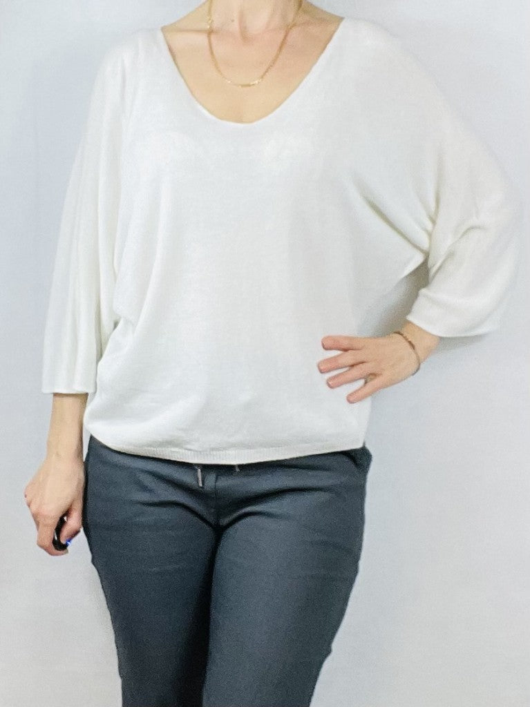 Cream Plain V Neck Top