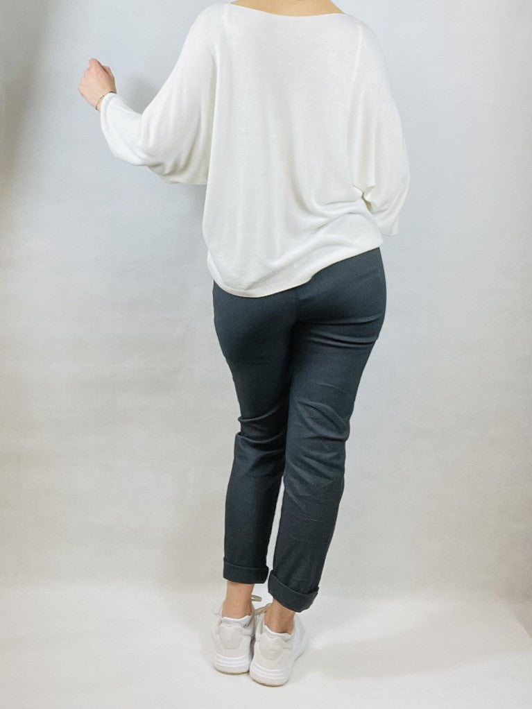 Cream Plain V Neck Top