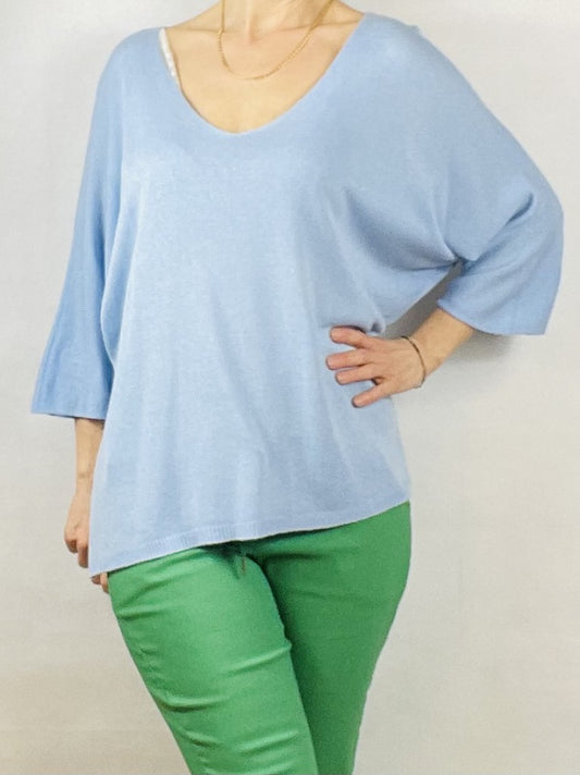 Sky Blue Plain V Neck Top