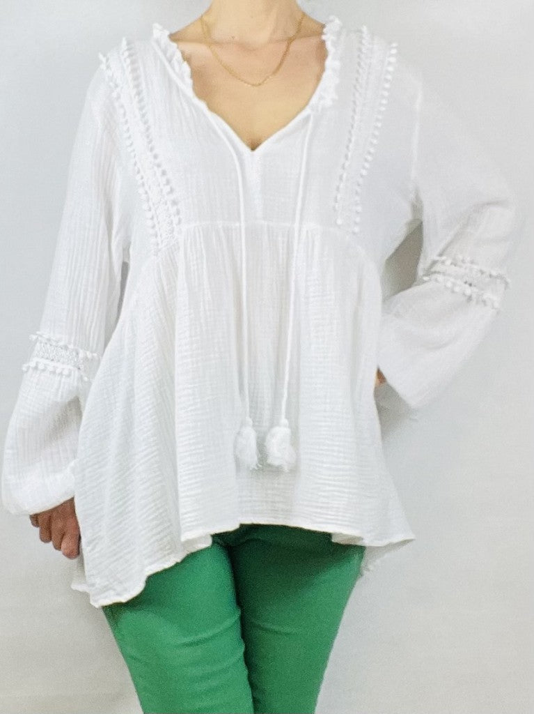 White Loose Cotton V Neck Top