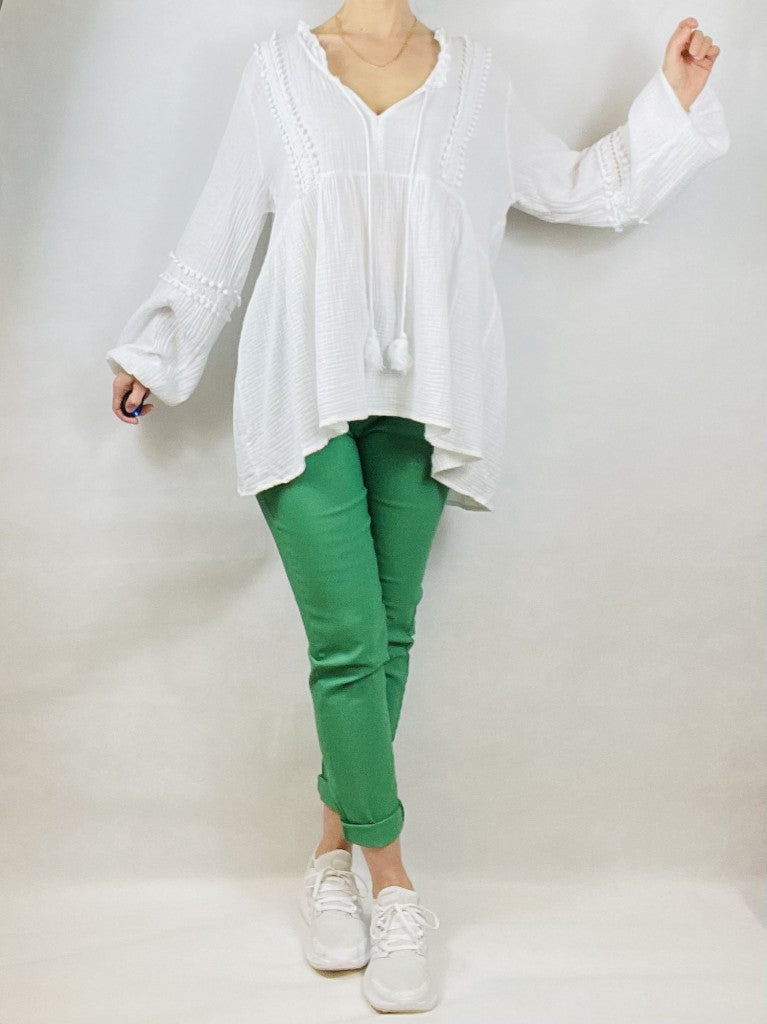 White Loose Cotton V Neck Top