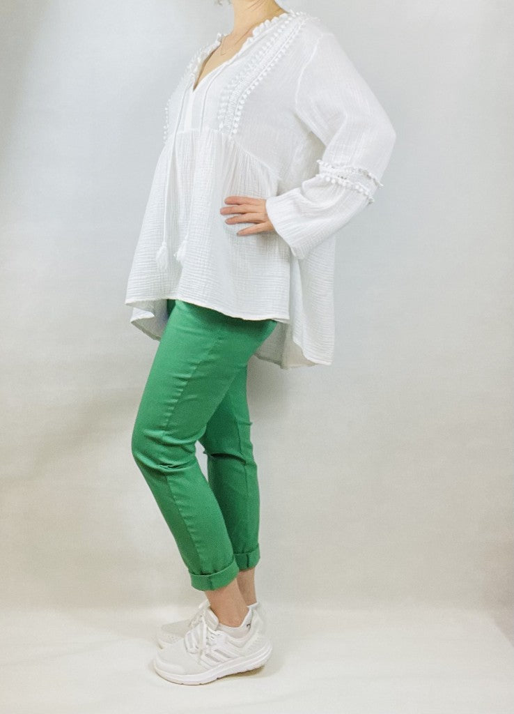 White Loose Cotton V Neck Top