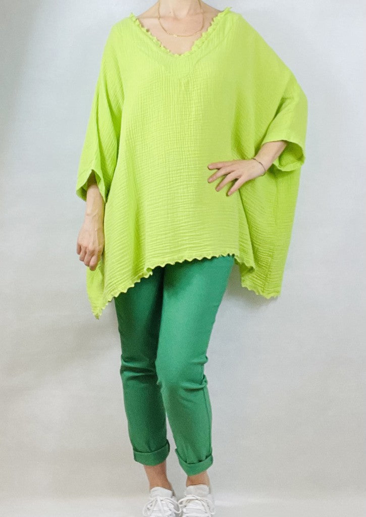 Neon Green Over-Size Loose Cotton V Neck Top