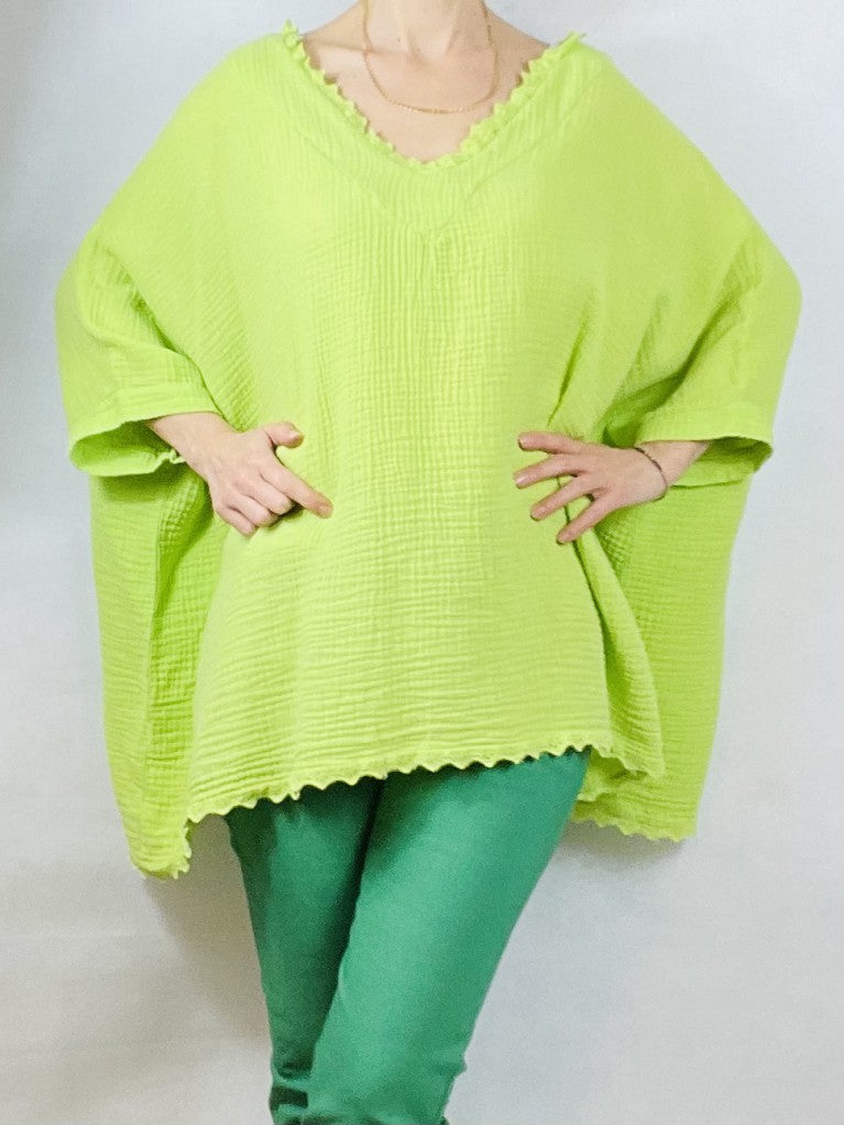 Neon Green Over-Size Loose Cotton V Neck Top