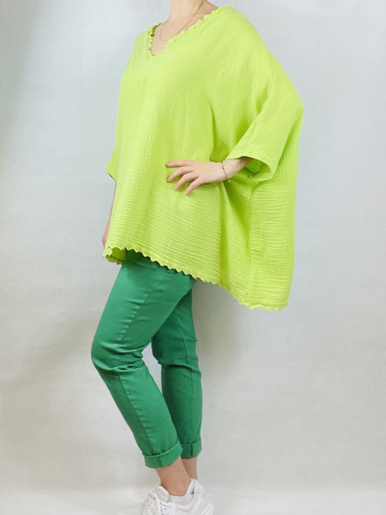 Neon Green Over-Size Loose Cotton V Neck Top