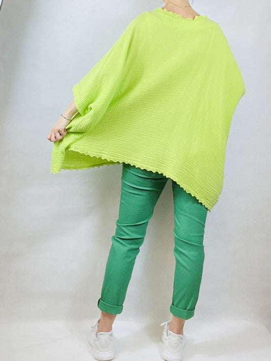 Neon Green Over-Size Loose Cotton V Neck Top