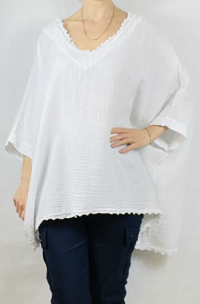 White Over-Size Loose Cotton V Neck Top