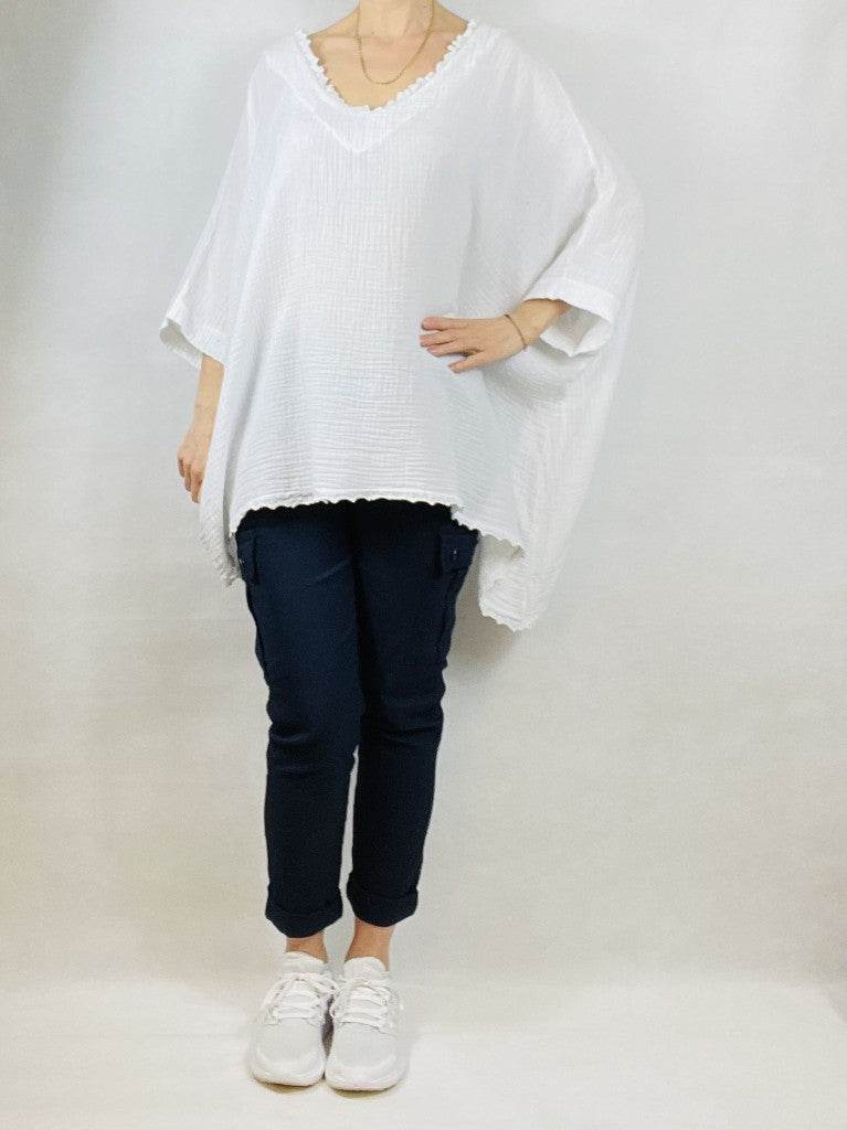 White Over-Size Loose Cotton V Neck Top