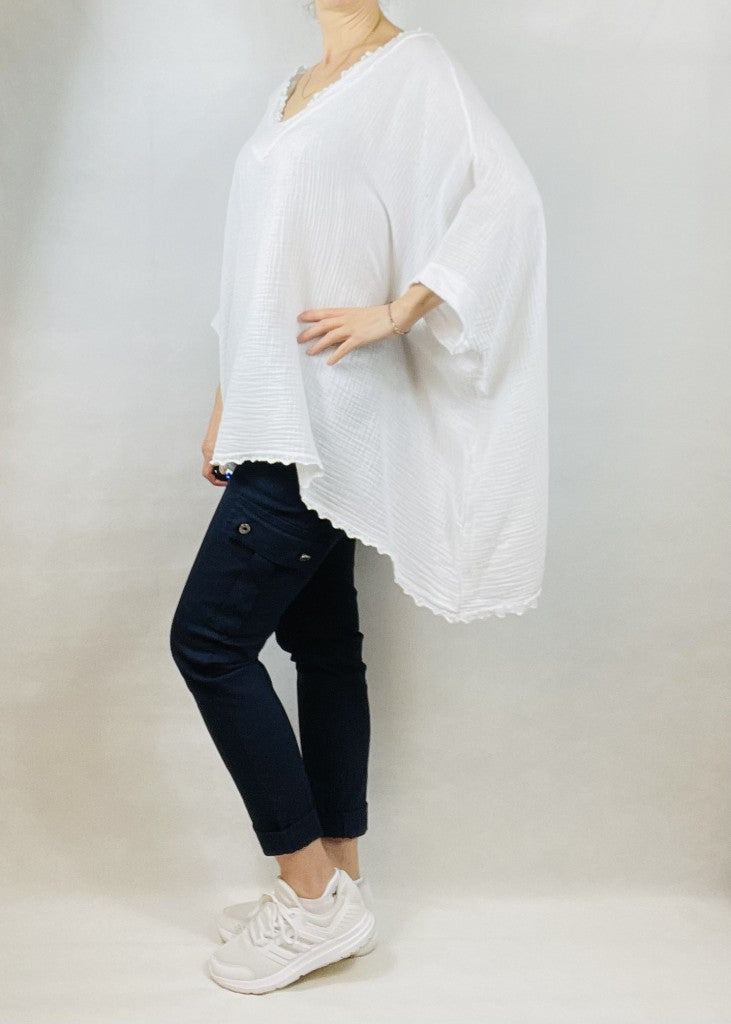 White Over-Size Loose Cotton V Neck Top