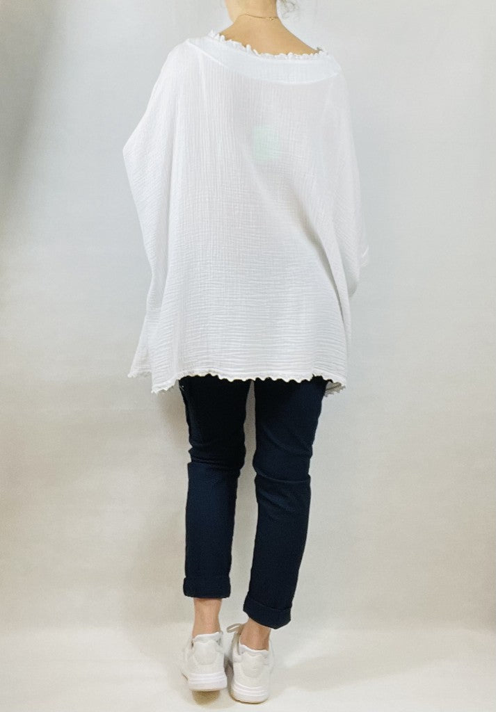 White Over-Size Loose Cotton V Neck Top