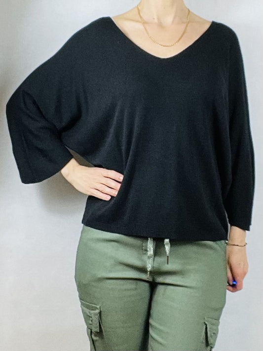 Black Plain V Neck Top