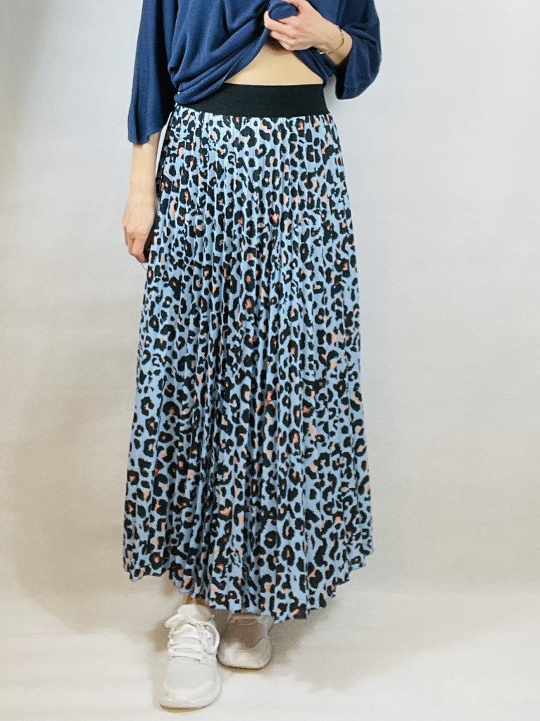 Sky Blue, Pleated Leopard Print Skirt