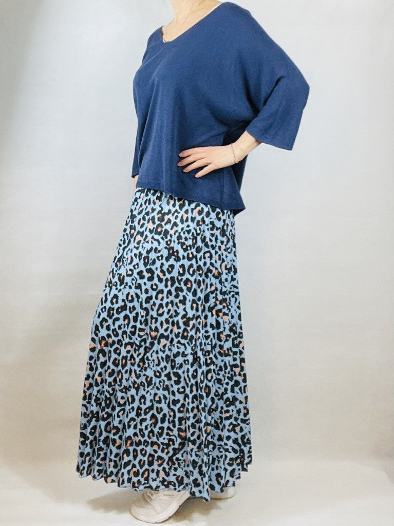 Sky Blue, Pleated Leopard Print Skirt