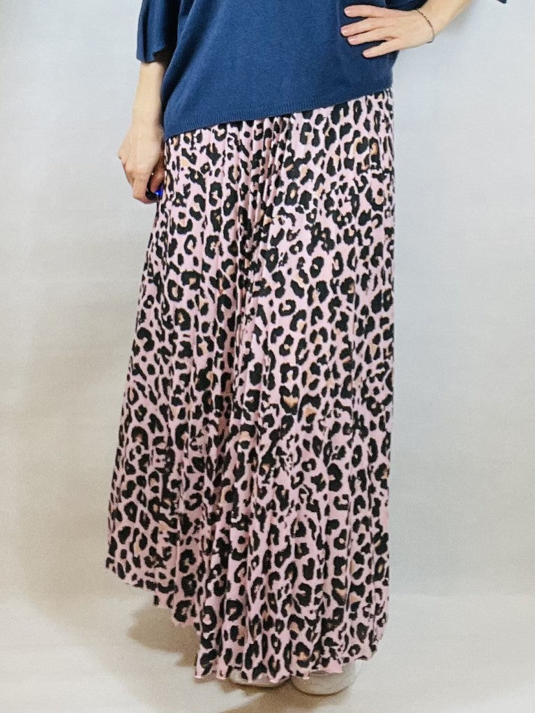 Pink Pleated Leopard Print Skirt