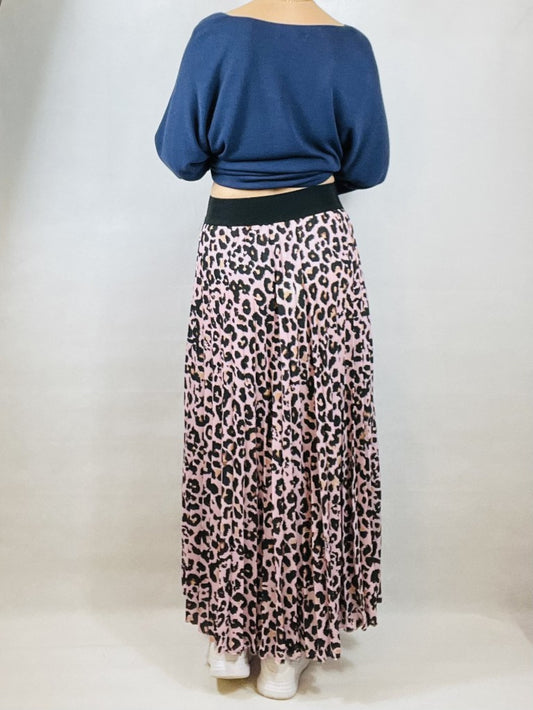 Pink Pleated Leopard Print Skirt