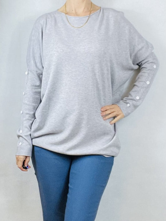 Pretty  Silver Grey Light-weight Top with Buttons on Sleeves