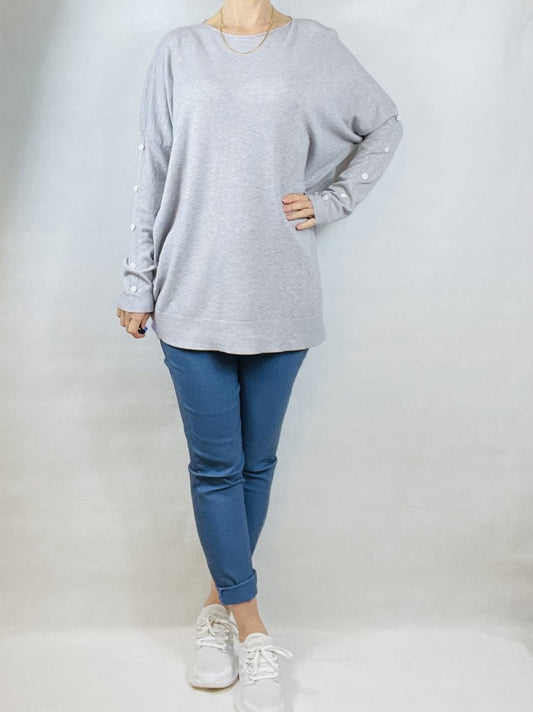 Pretty  Silver Grey Light-weight Top with Buttons on Sleeves