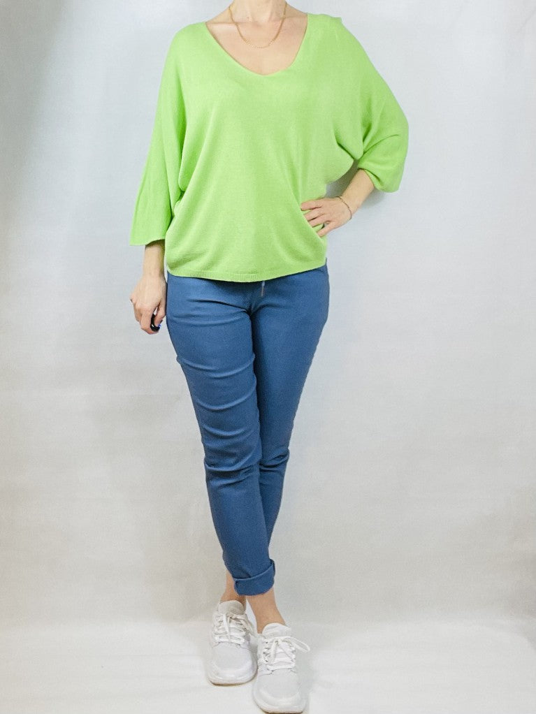 Neon Green Plain V Neck Top