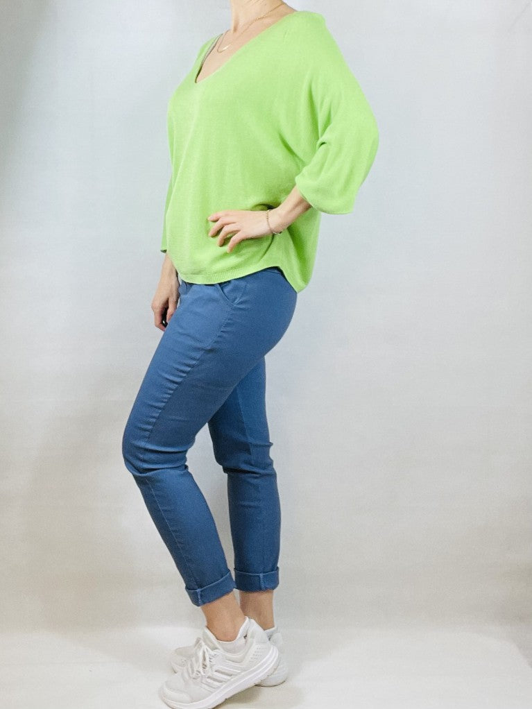 Neon Green Plain V Neck Top