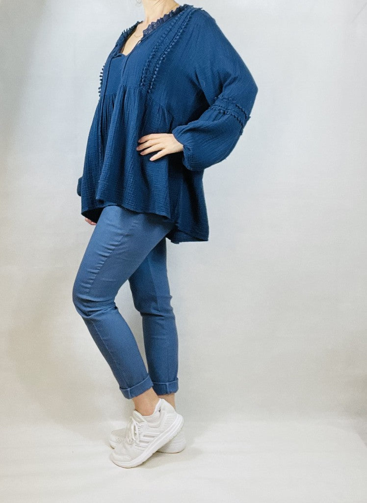 Navy Loose Cotton V Neck Top