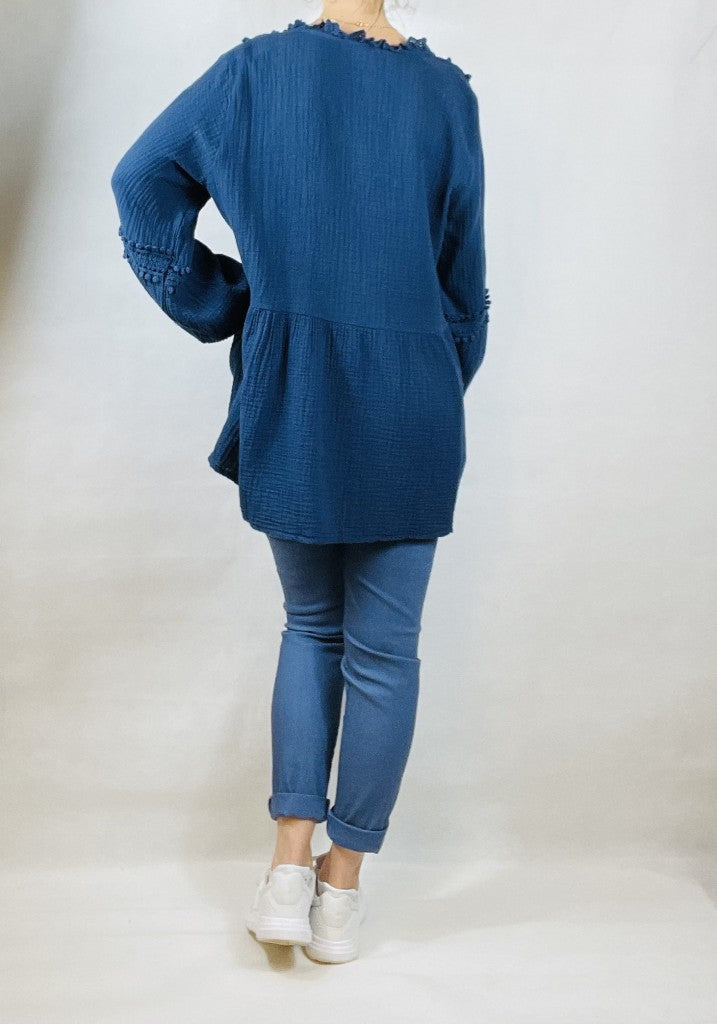 Navy Loose Cotton V Neck Top