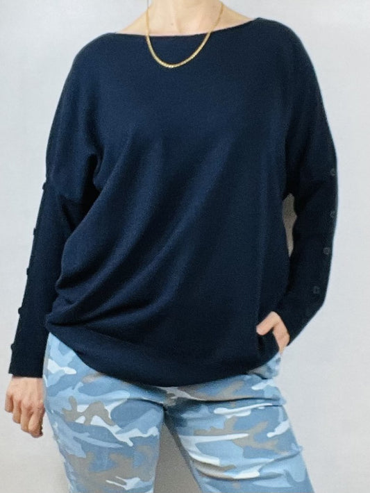 Pretty Navy Light-weight Top with Buttons on Sleeves