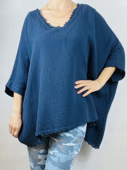 Navy Over-Size Loose Cotton V Neck Top