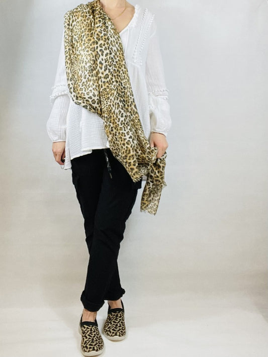 Camel Leopard Print Scarf