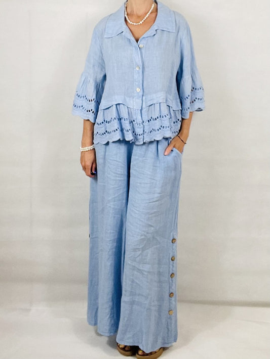 Sky Blue Wide leg Linen Trousers with Buttons