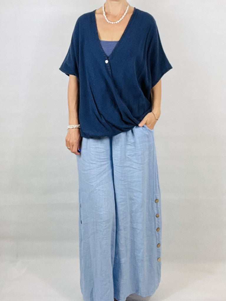 Sky Blue Wide leg Linen Trousers with Buttons