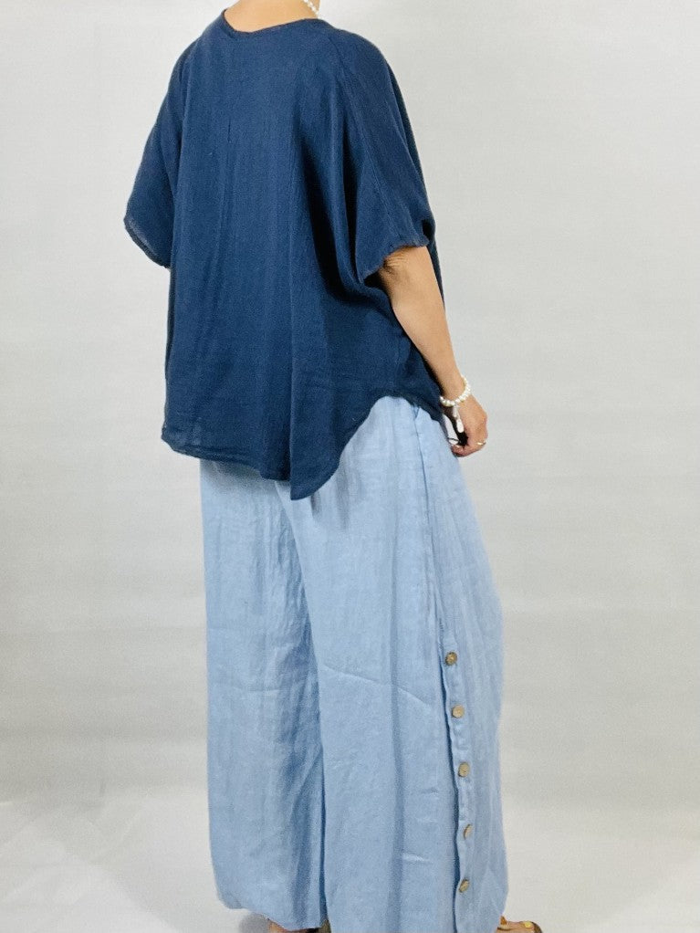 Sky Blue Wide leg Linen Trousers with Buttons