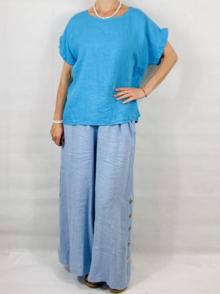 Sky Blue Wide leg Linen Trousers with Buttons