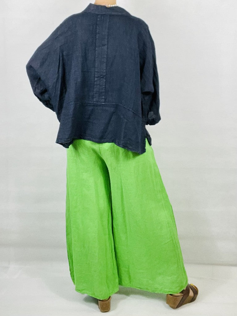 Neon Green Wide leg Linen Trousers with Buttons