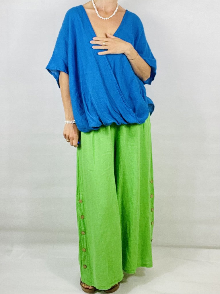 Neon Green Wide leg Linen Trousers with Buttons