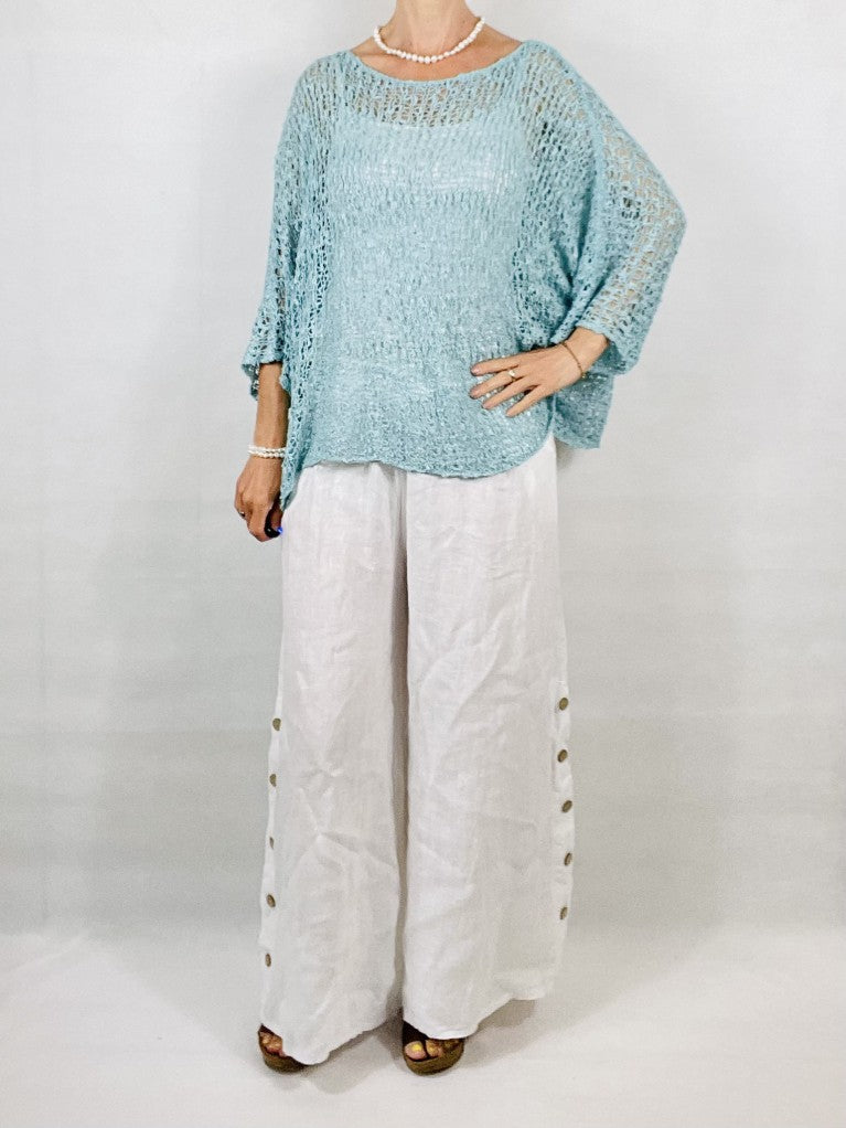 White Wide leg Linen Trousers with Buttons