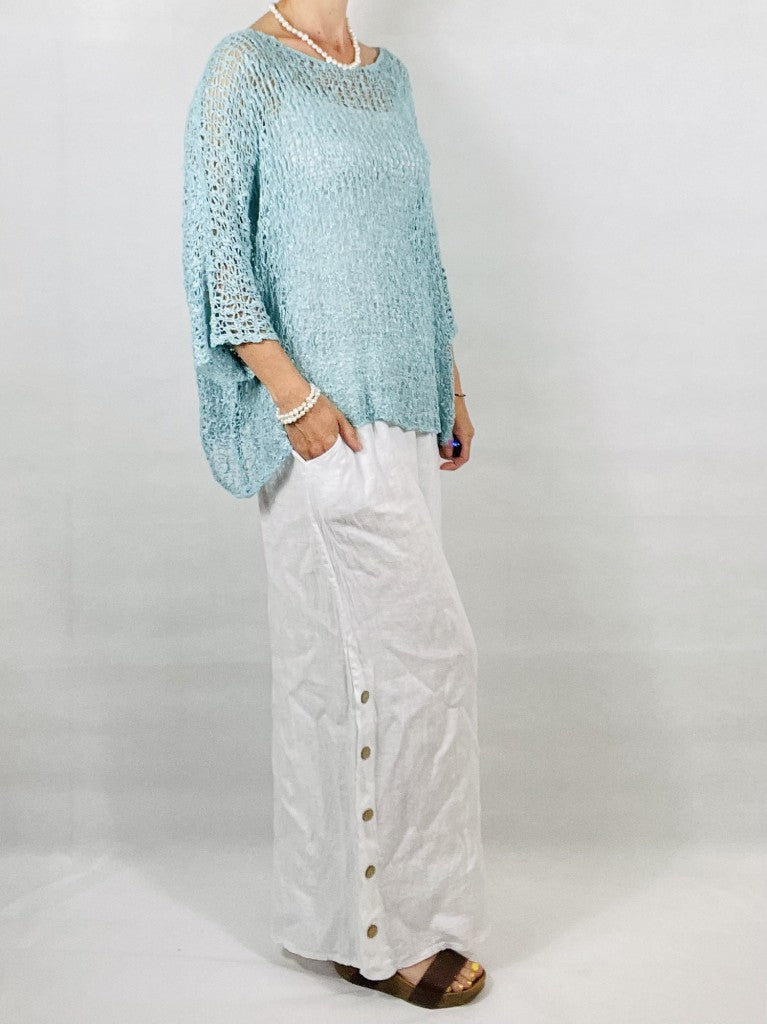 White Wide leg Linen Trousers with Buttons