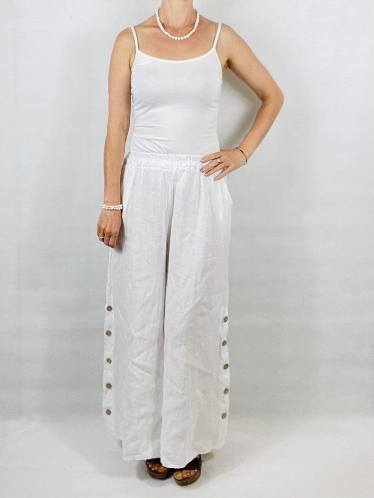 White Wide leg Linen Trousers with Buttons