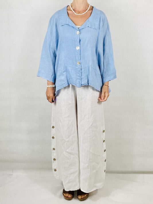 White Wide leg Linen Trousers with Buttons