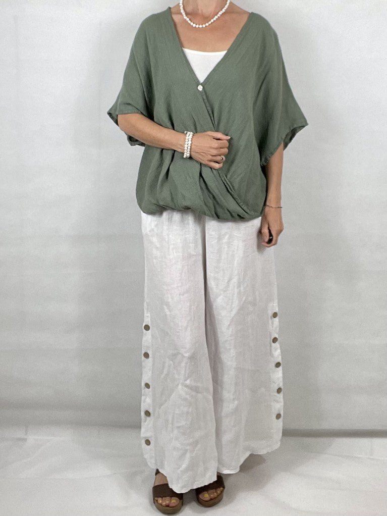 White Wide leg Linen Trousers with Buttons