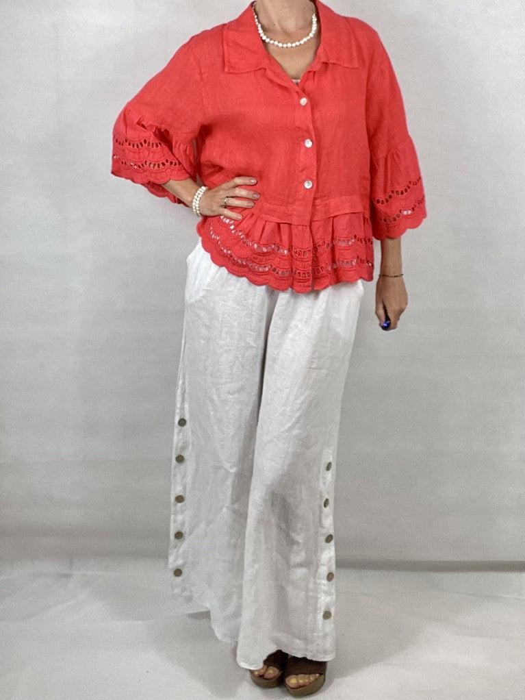 White Wide leg Linen Trousers with Buttons