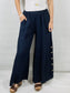 Navy Wide leg Linen Trousers with Buttons