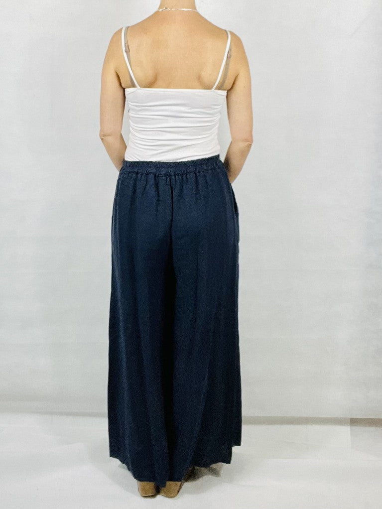 Navy Wide leg Linen Trousers with Buttons