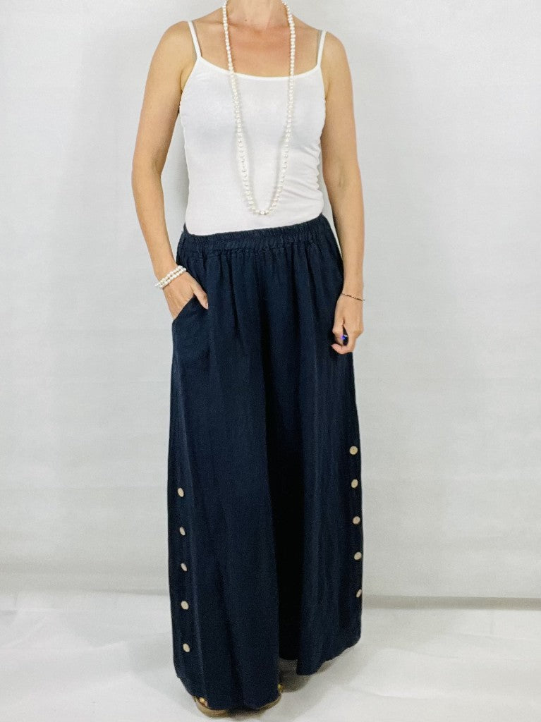 Navy Wide leg Linen Trousers with Buttons