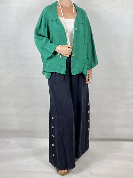 Navy Wide leg Linen Trousers with Buttons