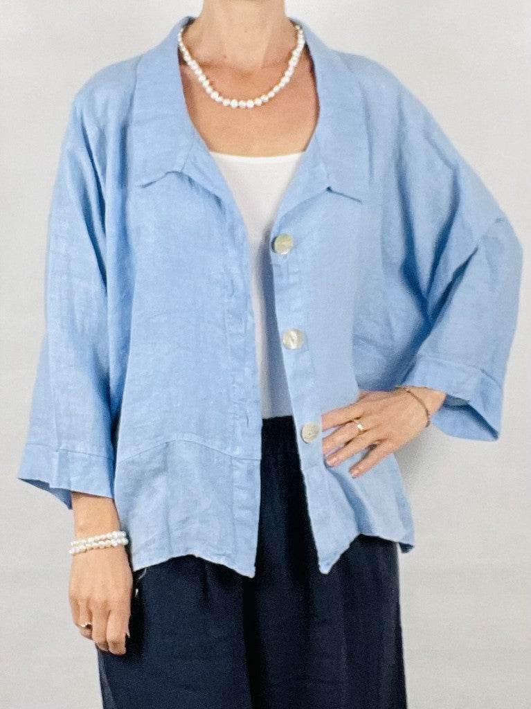 Sky Blue Linen 3 Button Top/Jacket