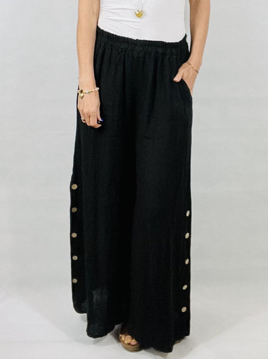 Black Wide leg Linen Trousers with Buttons