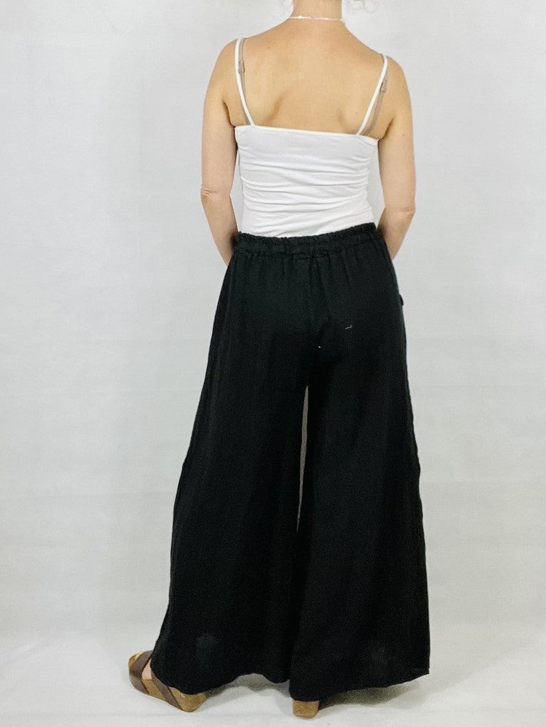 Black Wide leg Linen Trousers with Buttons