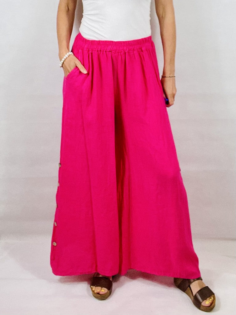 Pink Wide leg Linen Trousers with Buttons