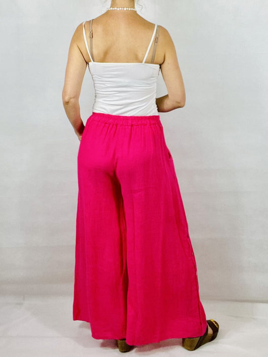 Pink Wide leg Linen Trousers with Buttons