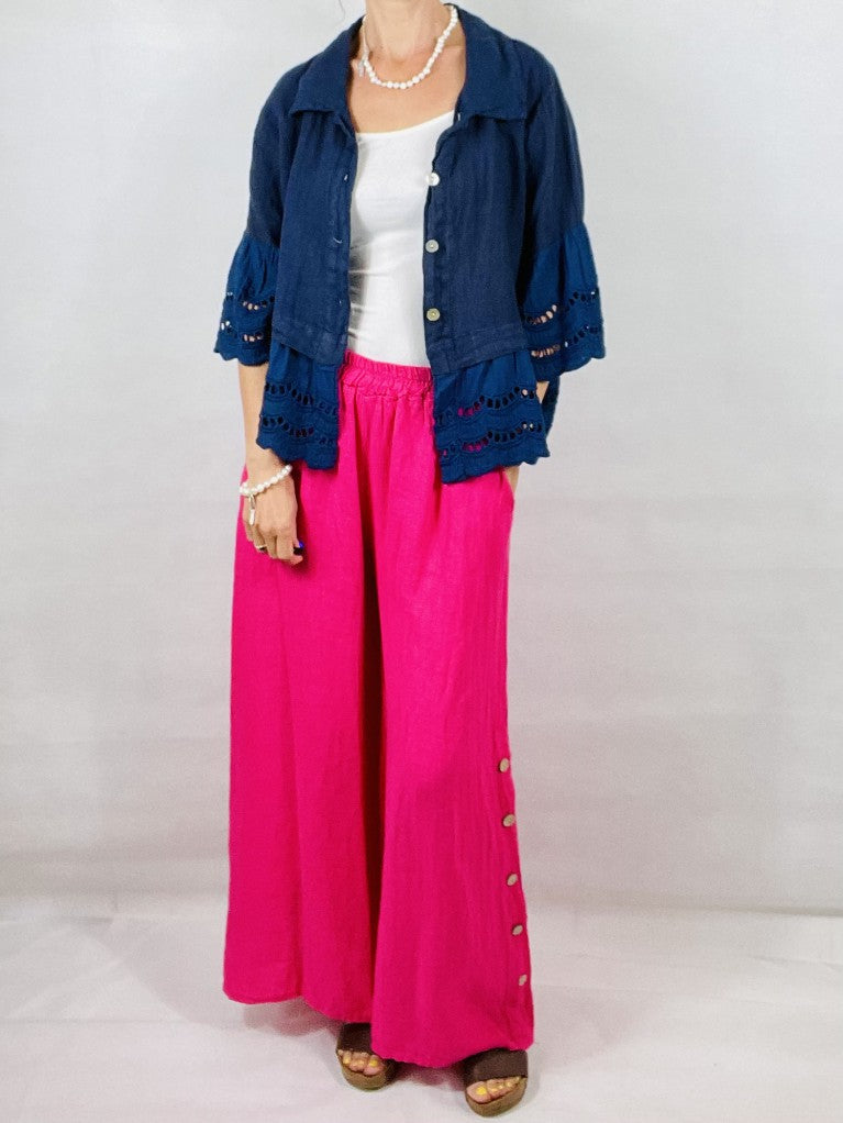 Pink Wide leg Linen Trousers with Buttons